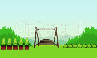 mock up illustration of hanging wooden chair in a garden