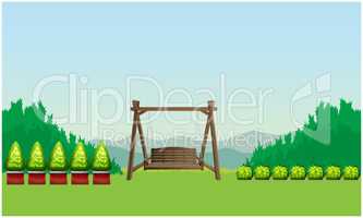 mock up illustration of hanging wooden chair in a garden
