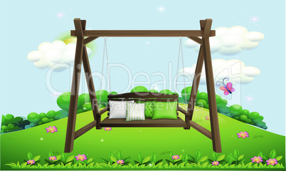 mock up illustration of hanging wooden chair with cushion in a garden