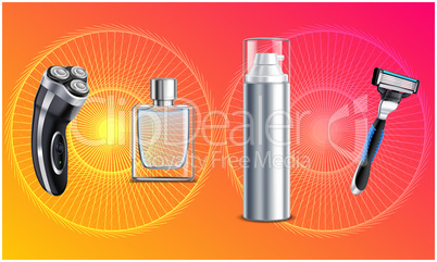 mock up illustration of male grooming kit on abstract background