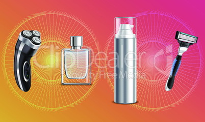 mock up illustration of male grooming kit on abstract background
