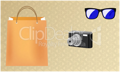 mock up illustration of camera and eye wear with a shopping bag