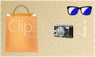 mock up illustration of camera and eye wear with a shopping bag