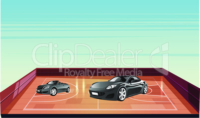 mock up illustration of cars parked in a basketball court