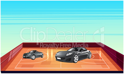 mock up illustration of cars parked in a basketball court