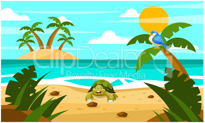 tortoise is enjoying on the beach with birds