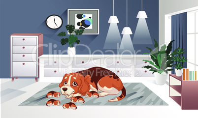 domestic dog with his family in a living room