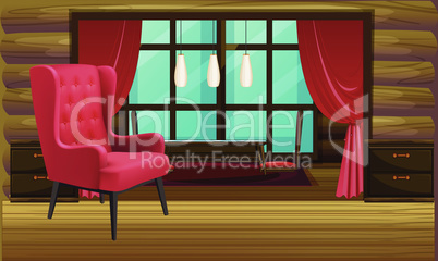 mock up illustration of big red chair in a wooden living room