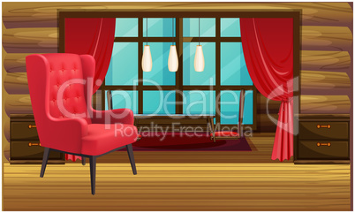 mock up illustration of big red chair in a wooden living room