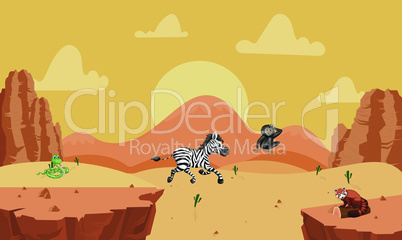 zebra, snake, monkey playing in desert in summer