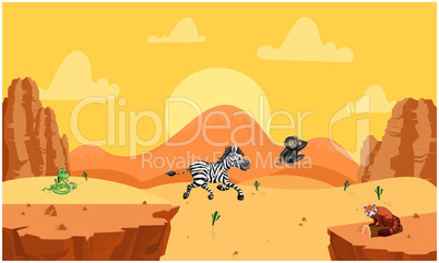 zebra, snake, monkey playing in desert in summer