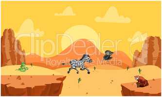 zebra, snake, monkey playing in desert in summer