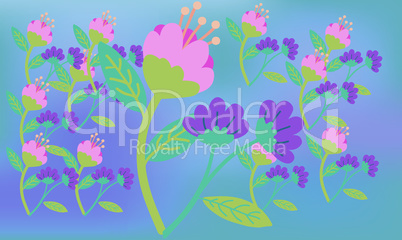 digital textile design of flowers and leaves on abstract background