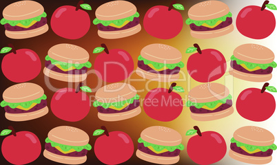 digital textile design on burgers and tomato on abstract background