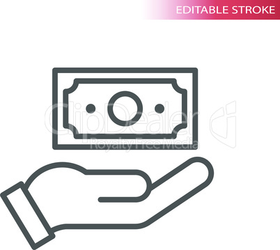 Hand and money, banknote thin line vector icon