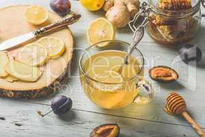 Cup of tea with lemon, honey and ginger