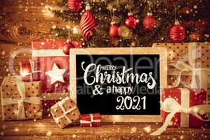 Christmas Tree, Gift, Text Merry Christmas And A Happy 2021, Snowflakes