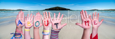 Children Hands Building Word About Me, Ocean Background