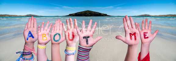 Children Hands Building Word About Me, Ocean Background