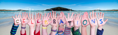 Children Hands Building Word Celebrations, Ocean Background