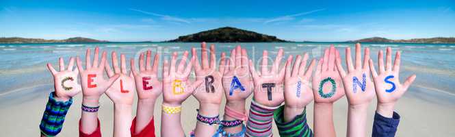 Children Hands Building Word Celebrations, Ocean Background