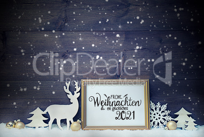 Vintage Frame, Golden Ball, Tree, Snow, Deer, Glueckliches 2021 Means Happy 2021