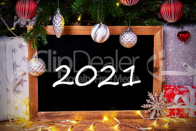 Chalkboard, Christmas Tree, Gift, Fairy Lights, Text 2021