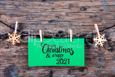 Green Label, Wooden Background, Rope, Merry Christmas And Happy 2021