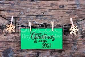 Green Label, Wooden Background, Rope, Merry Christmas And Happy 2021