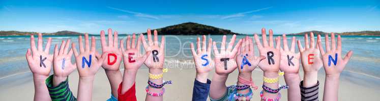 Children Hands, Kinder Staerken Means Strengthen Children, Ocean Background