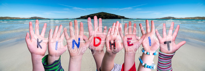 Children Hands Building Word Kindheit Means Childhood, Ocean Background