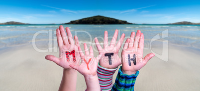 Kids Hands Holding Word Myth, Ocean Background