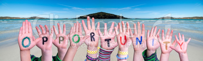 Children Hands Building Word Opportunity, Ocean Background