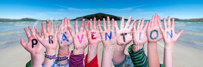 Children Hands Building Word Praevention Means Prevention, Ocean Background
