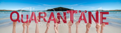 People Hands Holding Word Quarantaene Means Quarantine, Ocean Background