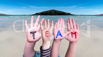 Children Hands Building Word Team, Ocean Background