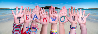 Children Hands Building Word Teamwork, Ocean Background