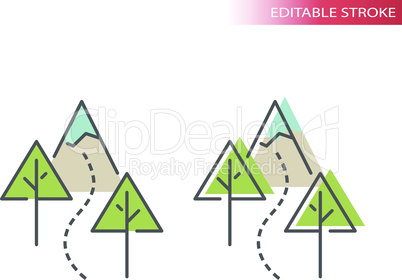 Hiking trail with trees and mountain vector icon