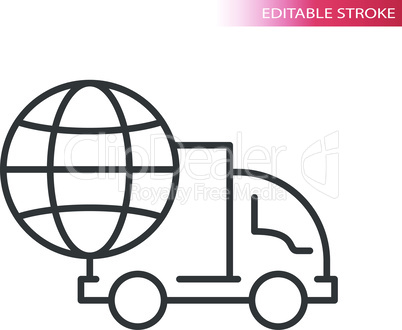 Truck or lorry with globe thin line vector icon