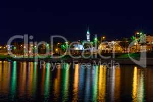 The city of Kazan during a beautiful summer night with colorful lights.