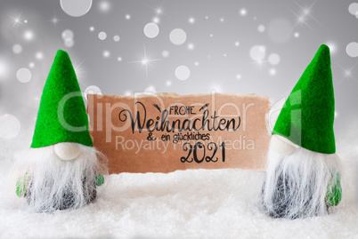 Santa Claus, Green Hat, Glueckliches 2021 Means Happy 2021, Gray Background