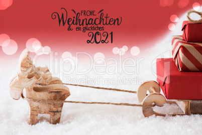 Reindeer, Sled, Snow, Red Background, Glueckliches 2021 Mean Happy 2021