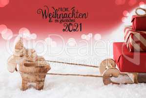 Reindeer, Sled, Snow, Red Background, Glueckliches 2021 Mean Happy 2021