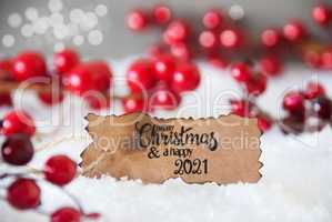 Red Christmas Decoration, Snow, Label, Merry Christmas And A Happy 2021