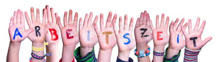 Children Hands Building Arbeitszeit Means Working Hours, Isolated Background