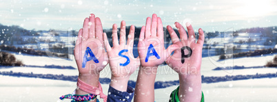Children Hands Building Word ASAP, Snowy Winter Background