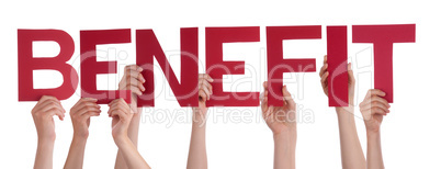 Hands Holding Word Benefit, Isolated White Background
