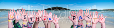 Children Hands Building Word Birthday Party, Ocean Background