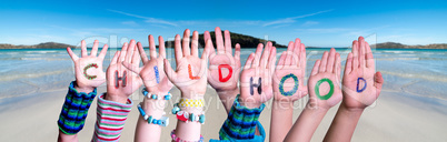 Children Hands Building Word Childhood, Ocean Background