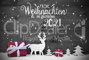 Reindeer, Gift, Tree, Snowflakes, Glueckliches 2021 Means Happy 2021
